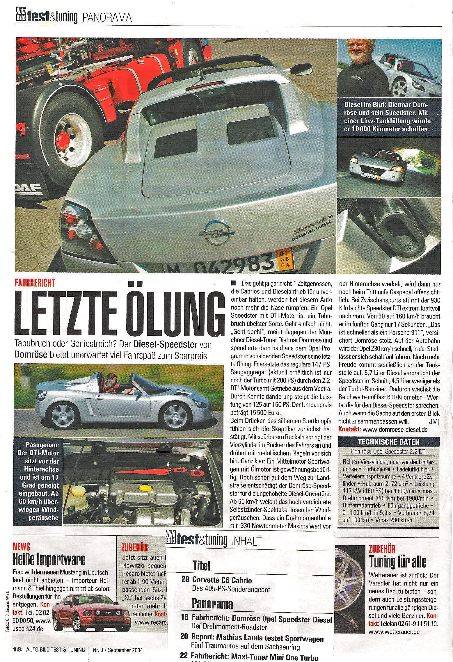 Test & Tuning Oktober 2004 - Opel Speedster, "Letzte Ölung" über Domröse Diesel